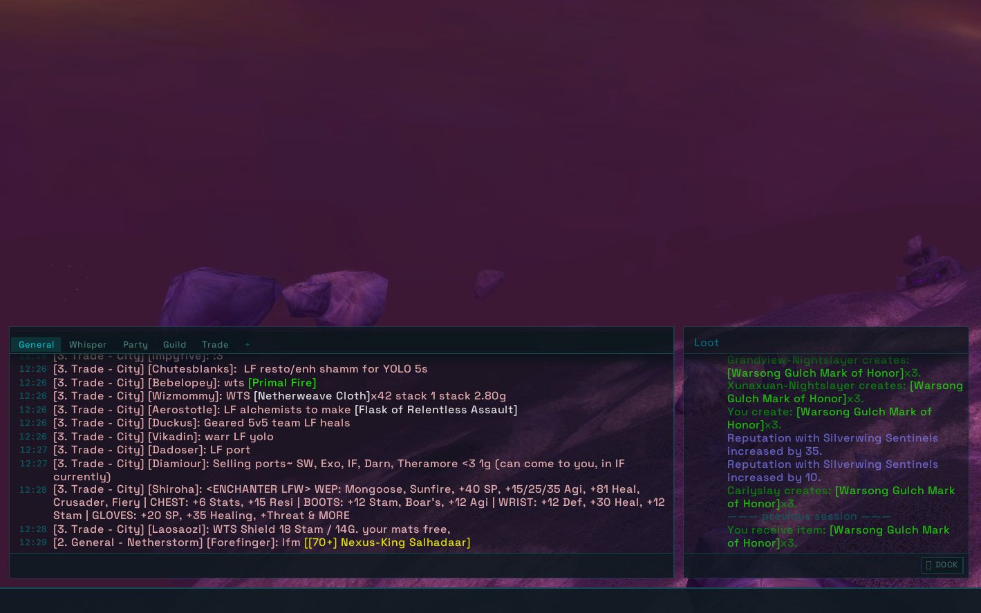 DMK_Chat tabbed window with the Loot pop-out