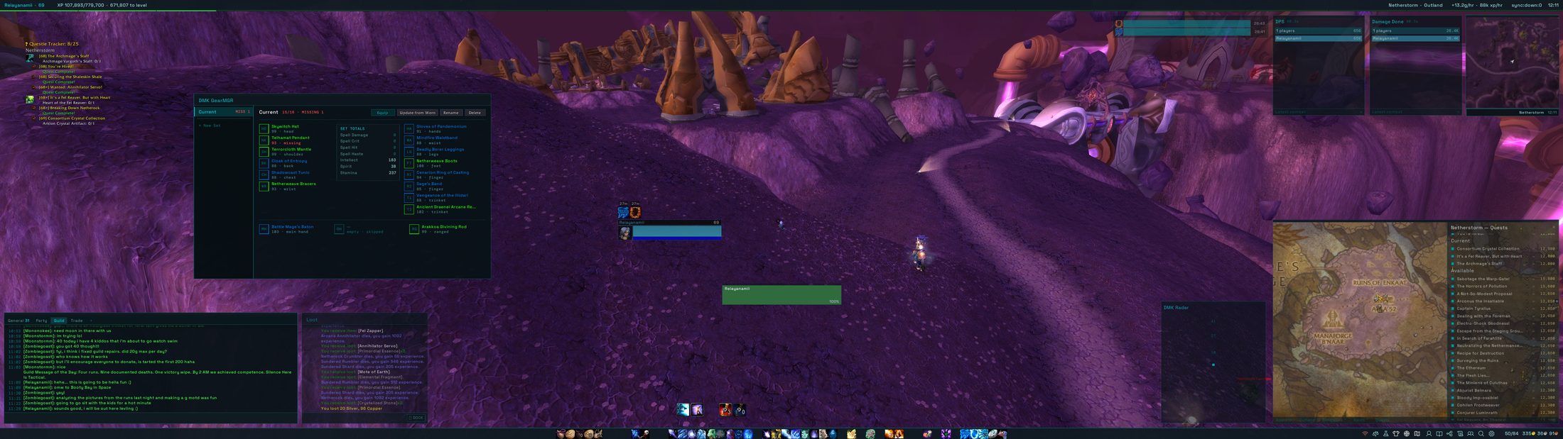 Netherstorm: GearMGR set window, damage meters, radar, quest map