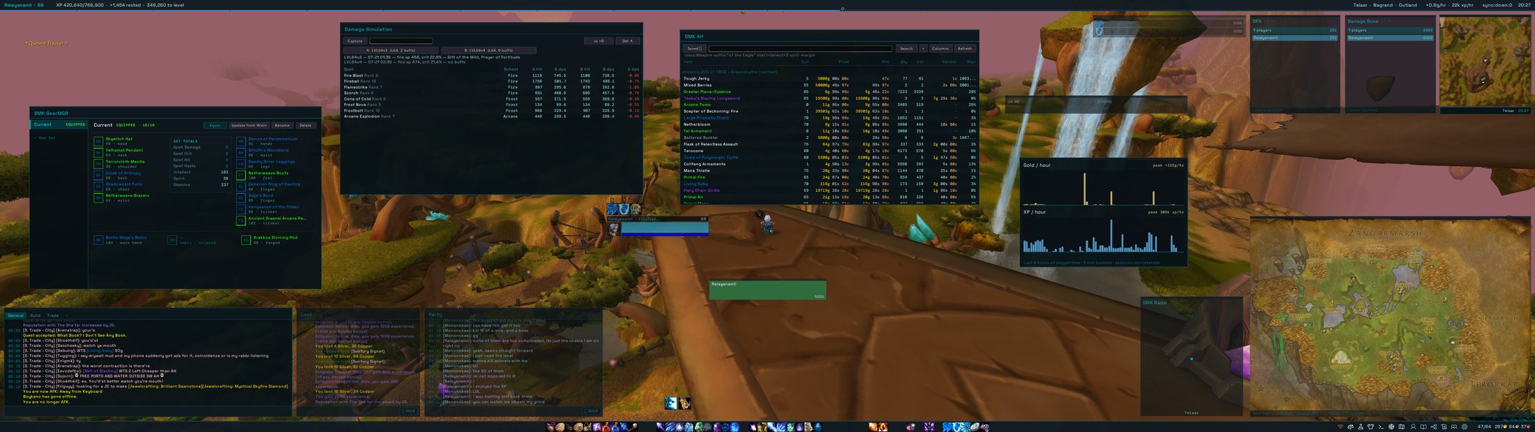 DMK suite in place: GearMGR, Damage Simulation, AH, chat windows, radar, status charts